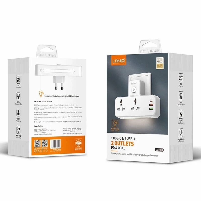 ldinio Power Strip Model SC2311 | Power Outlet and 3 USB Ports with Fast Charging