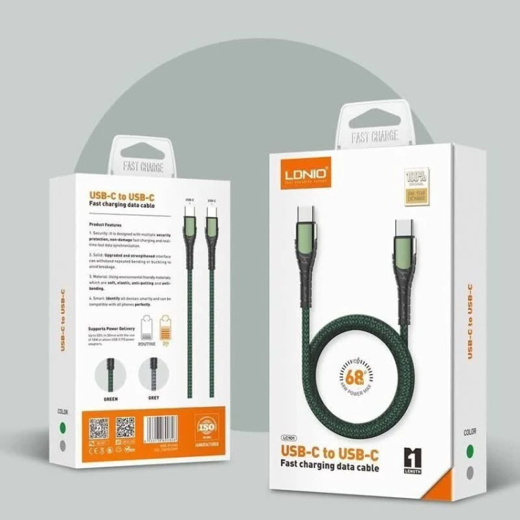 کابل USB-C الدینیو مدل LC101 | شارژ سریع ۶۵ وات و انتقال داده با کیفیت